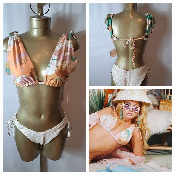 Power To The Flower 2 Pc Bikini With Flowered Top & Cream & Gold Striped Bottoms - Picture 1 of 9